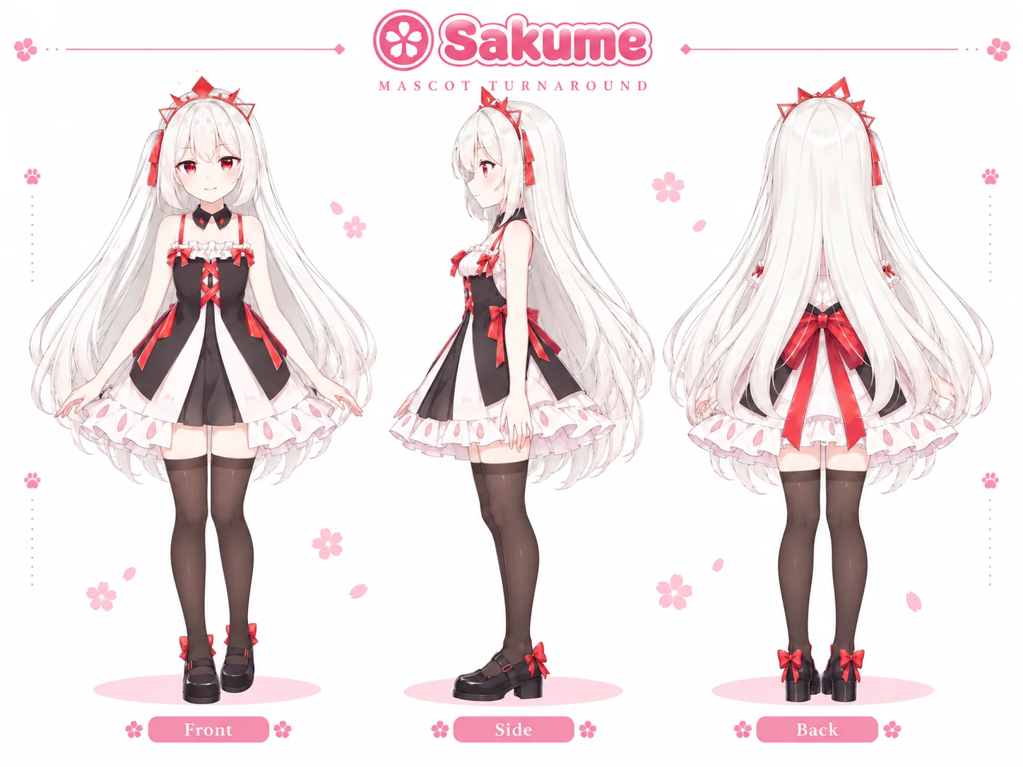 Fiche de la mascotte Sakume : jeune fille aux longs cheveux blancs et aux yeux rouges, robe noir et blanc à rubans rouges, de face, profil et dos