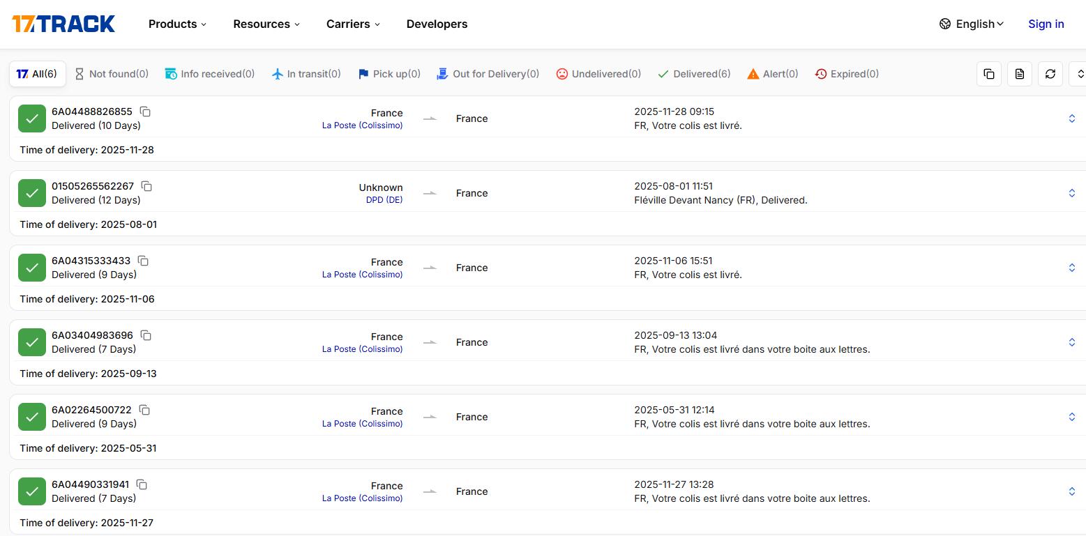 Capture d'écran suivi 17TRACK Colissimo DPD